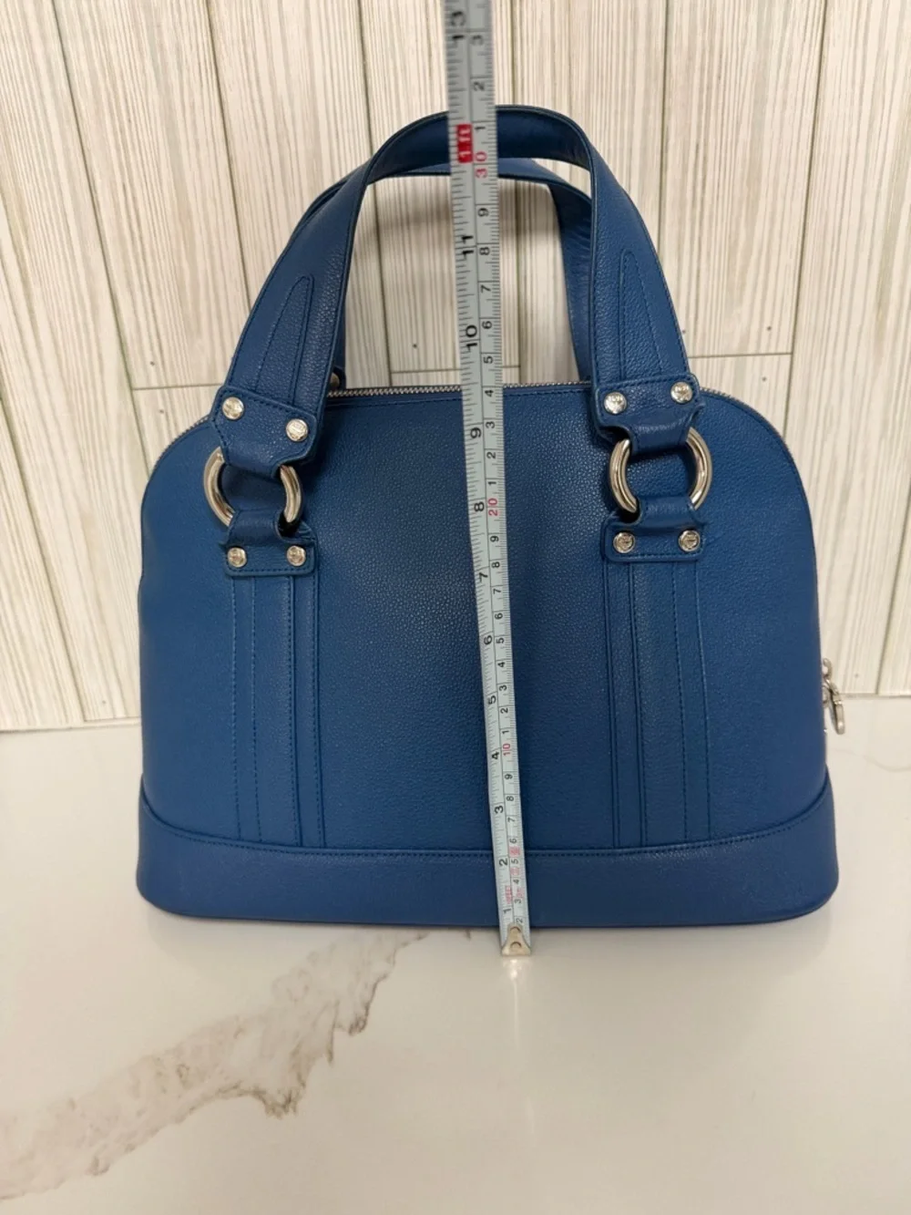 MCM Blue Leather Satchel Bag Gold Hardware Structured Top Handle Purse Dome Bag